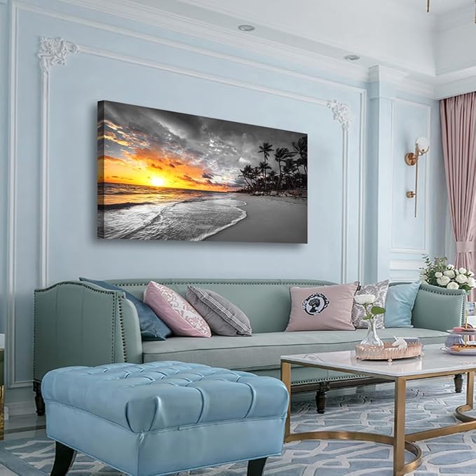 Ocean Wall Art Bedroom Wall Decor Living Room,Beach Canvas Wall Art Office Farmhouse Paintings Artwork Modern Sunset Palm Tree Black and White Sea Coast Wall Art Prints Pictures 20 * 40inch