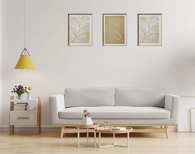 UPWOIGH Boho Canvas Wall Art(No Plexiglass), Framed High Side Wall Art, 16x12in Yellow-Brown Abstract Woman and Leaf Lines Minimalist Wall Decor for Living Room Bedroom Set of 3