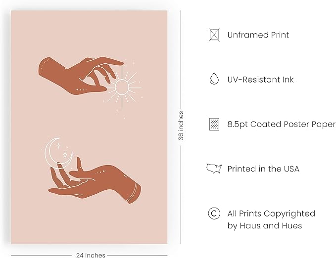 HAUS AND HUES Sun and Moon Art Astrology Posters - Spiritual Wall Art and Celestial Hands Top and Bottom Astrology Room Decor Posters Spiritual Boho Prints Wall Art and Prints Unframed 24x36