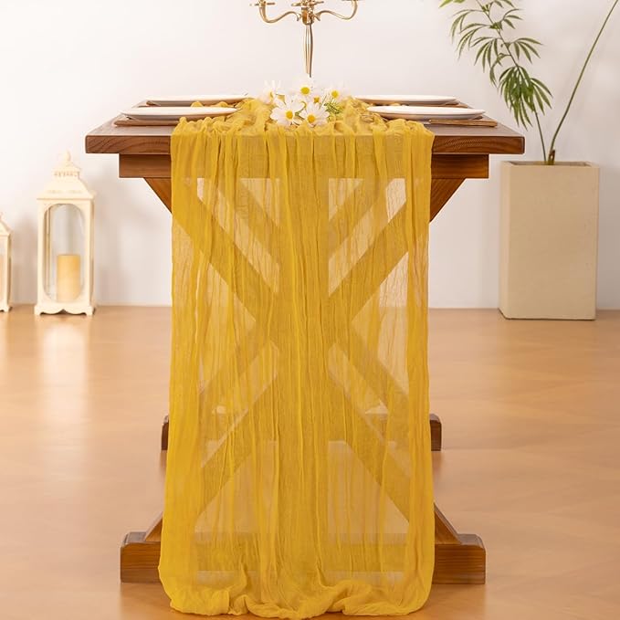 Socomi 3pcs Gold Yellow Fall Thanksgiving Cheesecloth Table Runner Boho Rustic Gauze 120 inch 10FT Cheese Cloth Runner for Wedding Party Baby Shower Birthday Home Decor Holiday Decorations