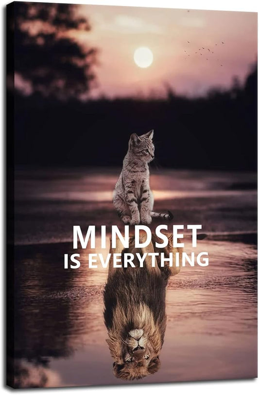Inspirational Entrepreneur Canvas Print Wall Art Mindset is Everything Cute Kitten and Lion Inspirational Poster Print Artwork Bedroom Office Home Decoration Frame Ready to Hang[12''W X 18''H]