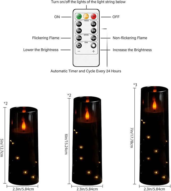 Flameless Candles,with Embedded Star String, Battery Operated Candles Flickering LED Pillar Candles with Remote Control and Timer, Home Decoration Add a Warm and Romantic Atmosphere，Set of 7 (Black)
