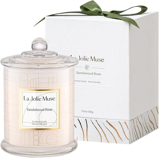 LA JOLIE MUSE Sandalwood Rose Scented Candles, Birthday Gifts for Women, Best Friends Female, House Warming Candle Gift, Natural Soy Luxury Candle, 75 Hours Burning Time