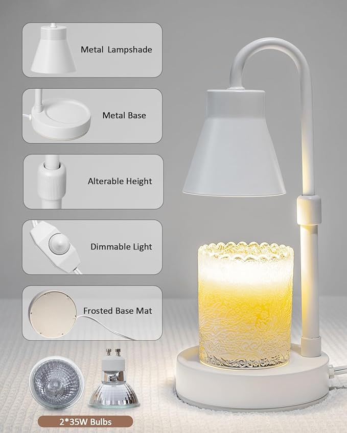 Candle Warmer Lamp with Adjustable Height - Stepless Dimming & Metal Finish - No Flame Scented, Includes 2 Bulbs (White)