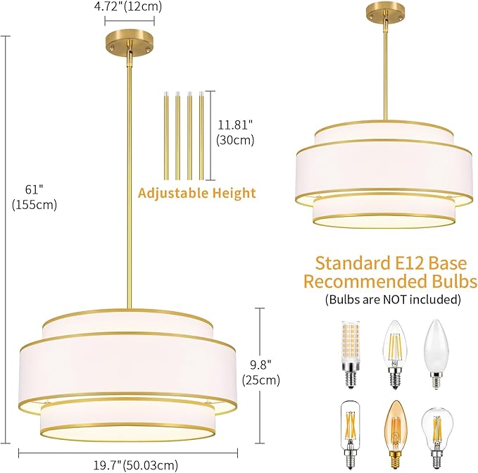 19.7''Drum Chandelier Dining Room Light Fixtures,3-Tier Modern White Fabric Chandelier Brushed Gold Pendant Lights Kitchen Island Lighting, Farmhouse Chandeliers for Living Room Foyer Staircase