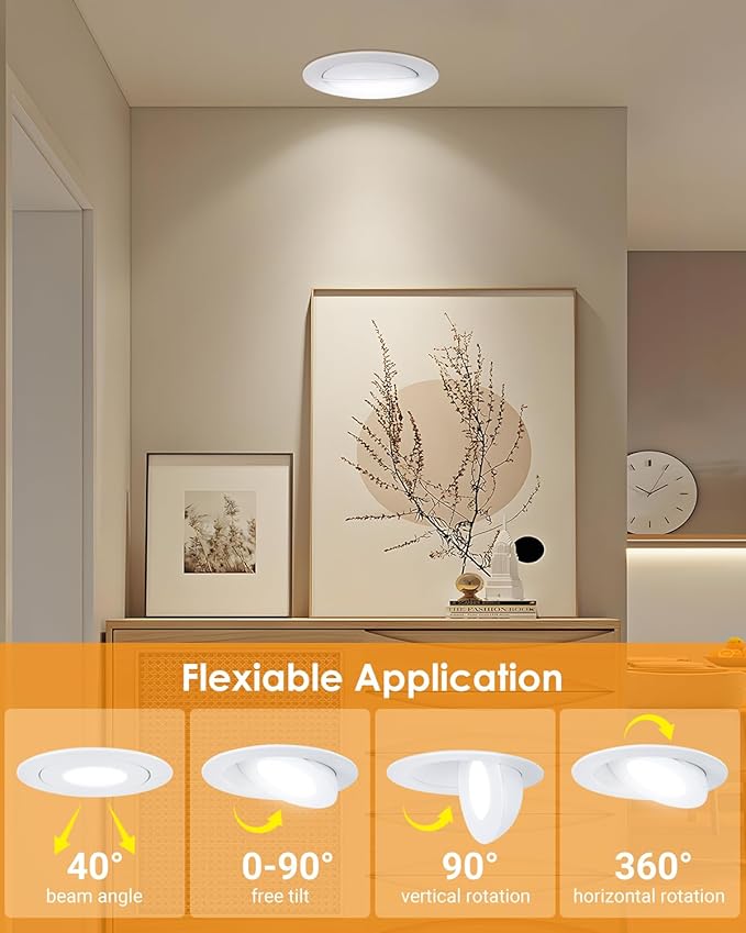 4inch Gimbal LED Recessed Light Recessed LED 4 inch White Swivel Gimbal Canless Light 360° Rotation 90° Tilt 4" 9W Eyeball Lighting Dimmable Adjustable Can Spotlights 5CCT White 4 inch 6 Pack