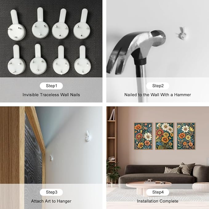 HOURIA Retro Boho Flower Framed Canvas Wall Art Set,Colorful Wilderness Floral with Green Leaves Wall Decor,Nature Botanical Wall Painting,Vintage Bouquet Art Prints for Living Room, Bedroom-16"x24"x3