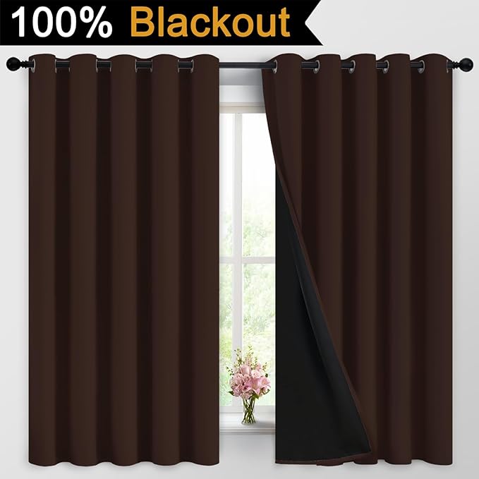 Yakamok 100% Blackout Curtains for Bedroom, 2 Thick Layers Thermal Insulated Grommet Total Blackout Drapes with Black Liner for Living Room (62Wx63L,Chocolate Brown, 2 Panels)