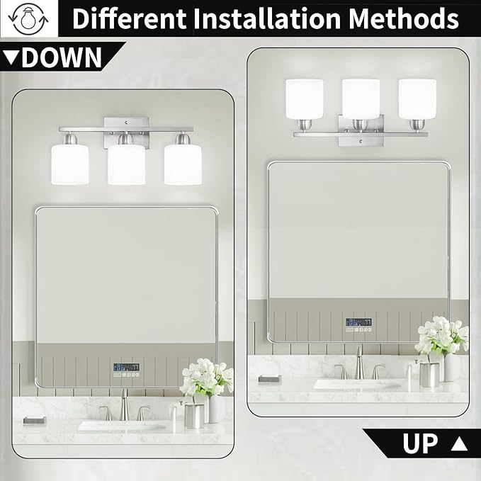 Brushed Nickel Bathroom Light Fixture, 3 Light Vanity Lights for Bathroom, Bath Lights with Milky White Frosted Glass Shades, E26 Socket