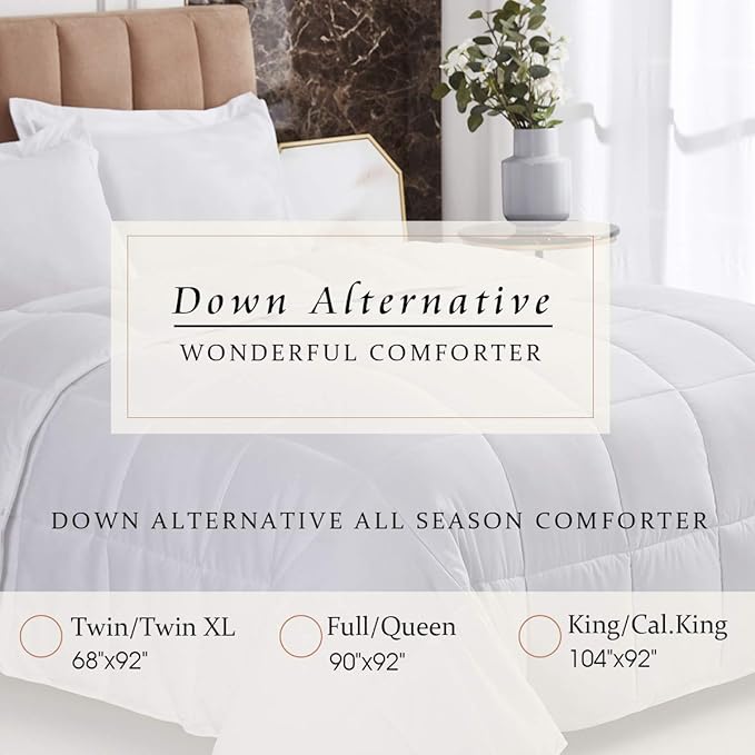 HIG 3pc Down Alternative Comforter Set - All Season Reversible Comforter with Two Shams - Quilted Duvet Insert with Corner Tabs -Box Stitched - Breathable, Soft, Fluffy (Full/Queen, Pure White)