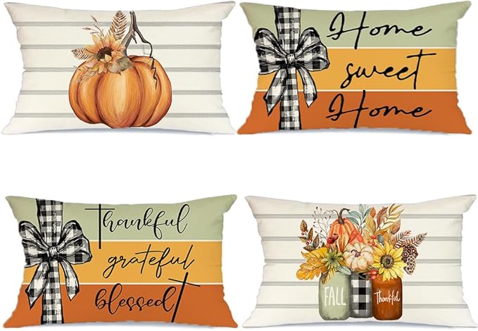 AACORS Fall Pillow Covers 12 x 20 Inch Set of 4, Pumpkin Home Sweet Home Thankful Grateful Blessed Harvest Floral Decorations Autumn Seasonal Pillow Case Decor for Sofa Couch AA556-12