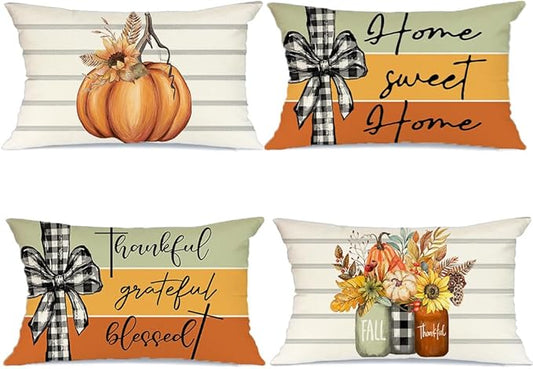 AACORS Fall Pillow Covers 12 x 20 Inch Set of 4, Pumpkin Home Sweet Home Thankful Grateful Blessed Harvest Floral Decorations Autumn Seasonal Pillow Case Decor for Sofa Couch AA556-12