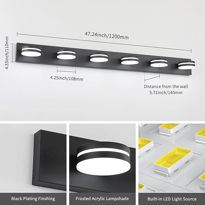 6-Light Bathroom Vanity Light Over Mirror, Matte Black LED Vanity Lighting Fixtures, Modern Bathroom Wall Light Fixtures with 360°Rotating Lamp Head (Cool White 5500K) (Black, 47Inch)