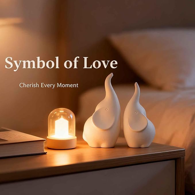 Ceramic Elephant Figurines with Trunk Up, Pair Couples Loving Elephant Statue, Small Figurines Sculpture African Home Decor, Valentine Elephants Gifts for Women, Wedding Knick Knacks（White）