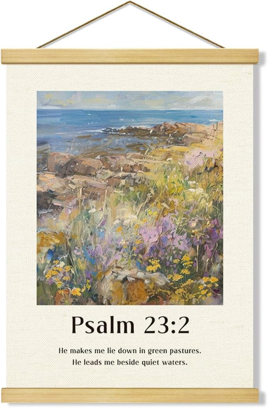 Vintage Christian Canvas Poster, Psalm 23:2 Canvas Poster Wood Hanger, Christians Wall Art, Bible Verse Posters, Modern Canvass Posters Decors, Home Decor Accent, Christian Gift