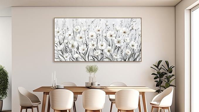arteWOODS Flowers Framed Wall Art - Grey White Wildflowers Canvas Pictures Wall Decor Botanical Painting Artwork Elegant Floral Prints for Living Room Bedroom Home Decor 40 x 20in Natural Wood Frame