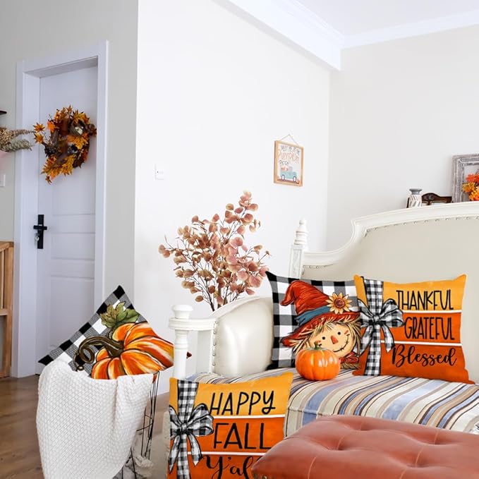 GEEORY Fall Throw Pillow Covers 20x20 Inch Set of 4, Pumpkin Scarecrow Buffalo Plaid Orange Autumn Seasonal Decorative Farmhouse Decoration for Home G563-20