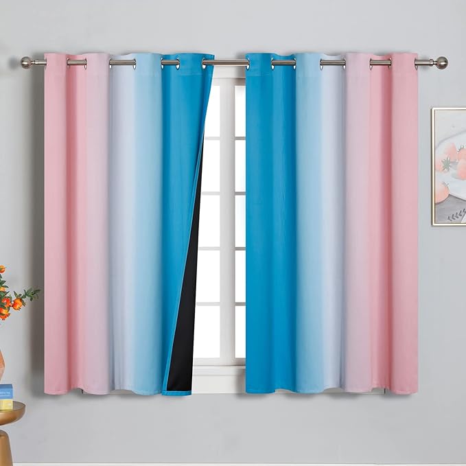 Ombre Pink and Blue Blackout Curtains 45 Inches Long, Full Light Blocking Curtains for Bedroom, Wavy Line Pattern Grommet Thermal Insulated Gradient Drapes for Living Room,52x45 Inch, 2 Panels