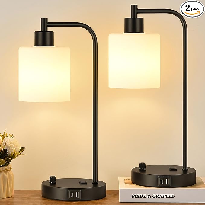 Set of 2 Industrial Table Lamps with USB C+A Ports and Outlet, Black Fully Stepless Dimmable Bedside Lamps, Nightstand Lamp with Opal Glass Shade for Reading Office (2 LED Bulb)