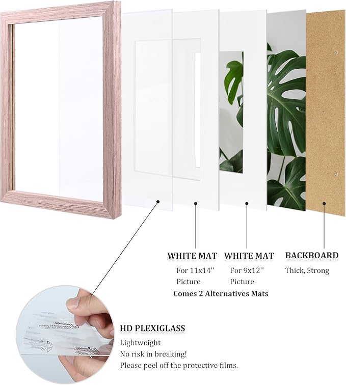 Egofine 12x16 Picture Frames Set of 4, Made of Solid Wood Covered by Plexiglass 9x12 and 11x14 with Mat or 12x16 without Mat, for Wall Mounting Photo Frame Peach Pink