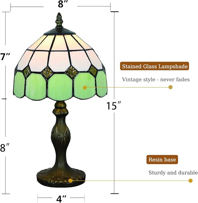 Tiffany-Style 8 Inch Table Lamp Mediterranean Series Stained Glass Lampshades Small Bedside Lamp Reading Antique Desk Light Livingroom Bedroom Office Vintage Art Deco Victorian(Color:Green)