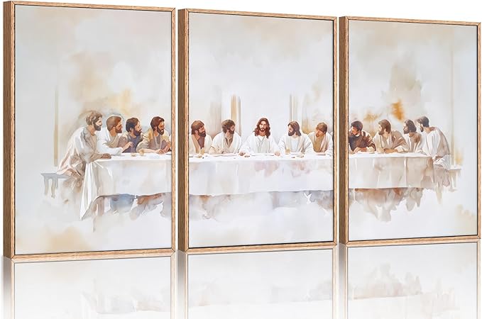 KAIRNE Jesus Last Supper Framed Canvas Wall Art Set, Christian Twelve Apostle Wall Decor, Bible Renaissance wall Painting, Religious Picture Art Print for Living Room, Bedroom, Church, Large 24"x36"x3