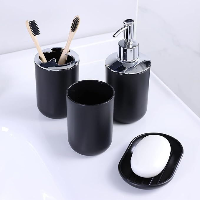 IMAVO Bathroom Accessories Set,Black Bathroom Set,7 Pieces Bathroom Accessory Set,Tray,Toilet Brush,Trash Can for Bathroom Décor and Housewarming Gifts