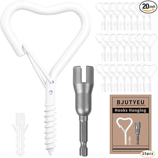 Lamp Wire Hook，Heart-Shaped Screw-in Wall Hooks for Outdoor Decor, Champagne Metal, Key Hook，Decorative Plant Hanging，Clothes Hook (White, 25Pcs)