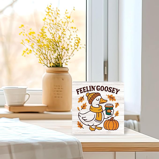 Feelin' Goosey Fall Decorations for Home Office Cute Silly Goose Fall Decor, Autumn Pumpkin Decorations for Bethroom Autumn Goose Gifts for Animals Lovers 5 x 5 inches (Tub 1703)
