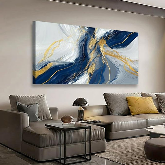 Golden Blue Wall Art Print Oil Paintings Abstract Canvas Wall Art for Living room Office Bedroom Modern Flow of White Golden Blue Pictures Wall Decor Artwork Waterproof Ready to Hang - 20in * 40inch