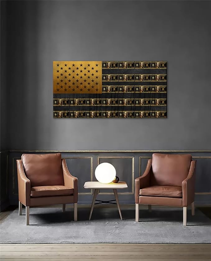 Creative American Flag Wall Art American Flag Made Up of Dollars Art Print Office Artwork Wall Decor Retro Money USA Flag Abstract Work Pictures for Office Decor Gallery-Wrapped Easy to Hang-32"Wx16"H