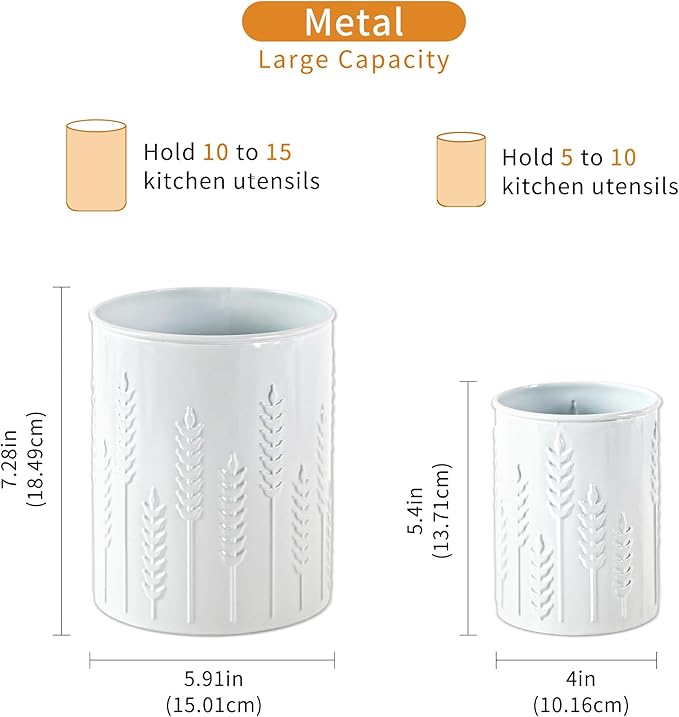 2 Pack Metal Utensil Holder for Kitchen Counter, 7.3"+5.4" Large Cooking Utensil Organizer Ear of Wheat Pattern Embossed Utensil Caddy for Party Cutlery Tool Holder Storage, White