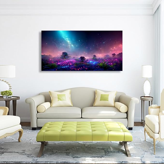 Purple Magical Wall Art Bedroom Wall Decor Living Room, Canvas Wall Art Office Farmhouse Paintings Artwork Modern Blue Starry Sky Grass Land Fantastic Wall Art Prints Pictures 20 * 40inch