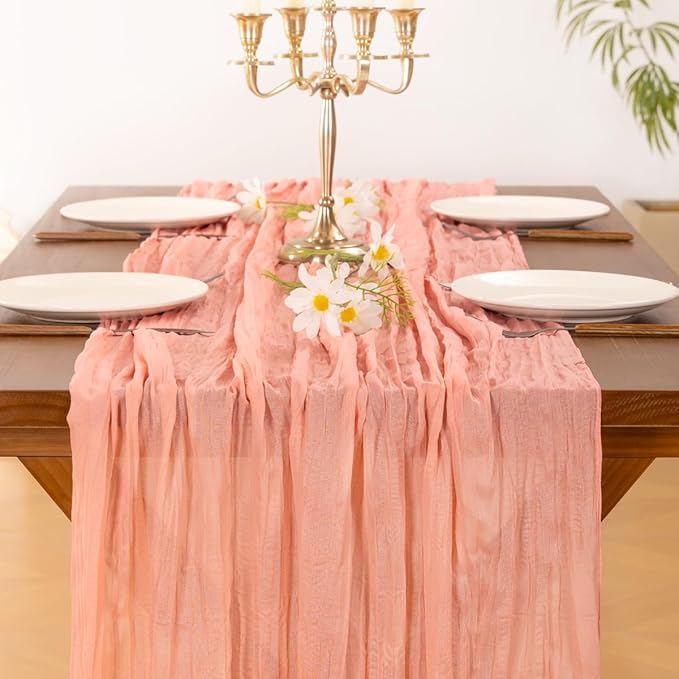 Socomi 6pcs Coral Peach Fall Thanksgiving Cheesecloth Table Runner Boho Rustic Gauze 120 inch 10FT Cheese Cloth Runner for Wedding Party Baby Shower Birthday Home Decor Holiday Decorations