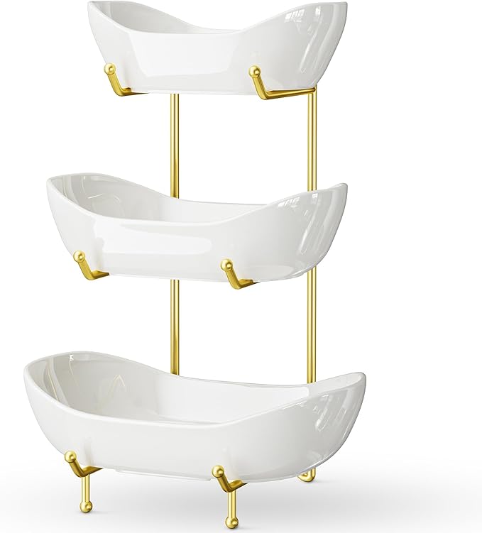 3 Tier Ceramic Fruit Bowl with Metal Stand – Tiered Fruit Stand for Kitchen Countertop, Serving Tray for Snacks, Nuts, Cakes, Desserts, Bread, Candy Storage, Gold