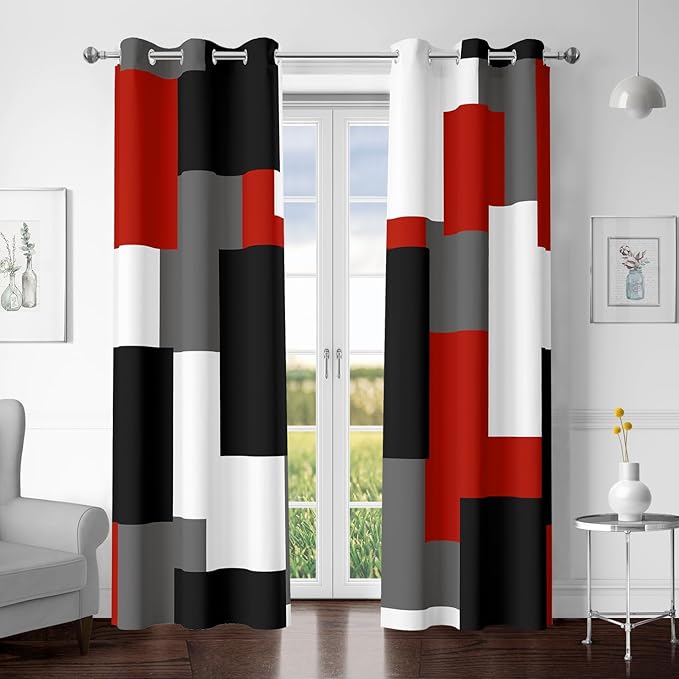 Red Black 100% Blackout Curtains for Bedroom 84 inch Length 2 Panels Set White Grey Modern Abstract Geometric Black Out Curtains Insulated Room Darkening Window Drapes for Living Room, 42Wx84L
