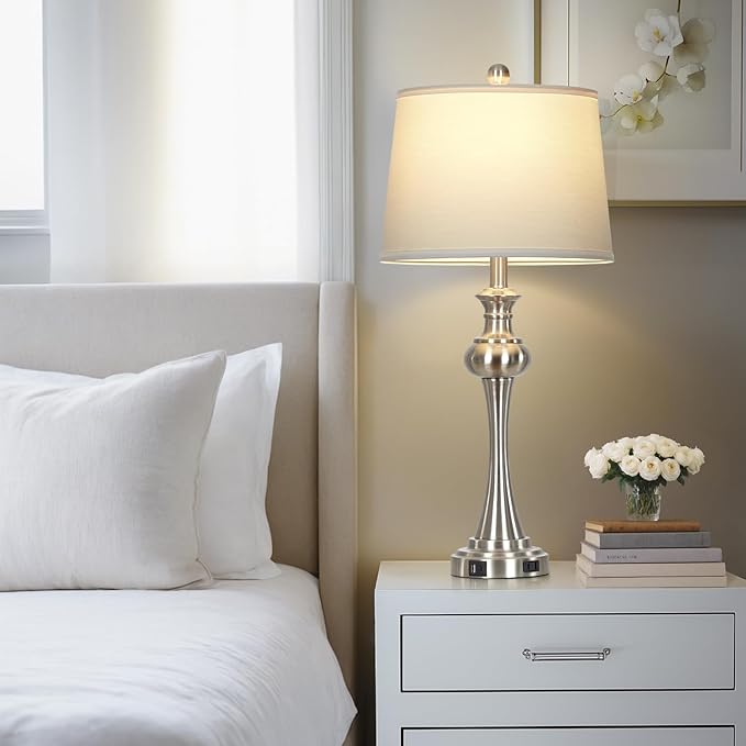 28.75" Silver Table Lamps for Living Room,Touch Lamps for Bedrooms Bedside Lamp 3-Way Dimmable Touch Control, Modern Silver Nightstand Lamp Fabric Shade Mid Century Accent Style（Bulb Inclued）