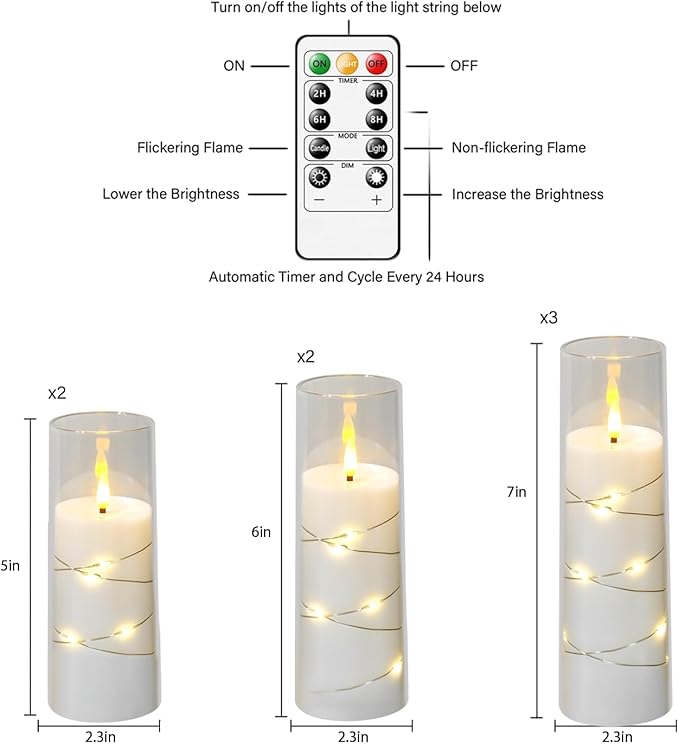 Flameless Candles,with Embedded Star String, Battery Operated Candles Flickering LED Pillar Candles with Remote Control and Timer, Home Decoration Add a Warm and Romantic Atmosphere，Set of 7 (White)