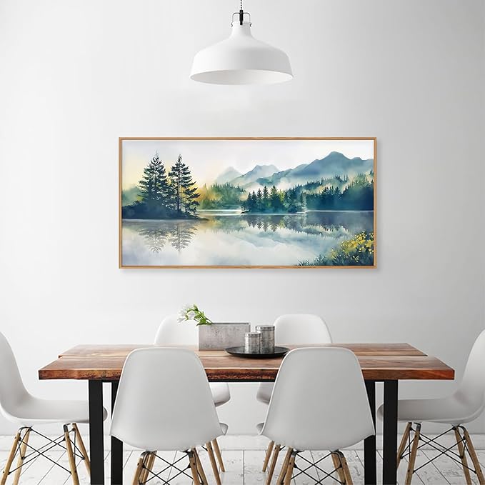 HPNIUB Large Green Mountain Framed Canvas Wall Art Set, Nature Foggy Forest Lake Reflection Wall Decor,Modern Pine Tree Artwork,Watercolor Landscape Art Print for Living Room,Bedroom,Office-20 x40