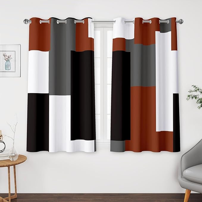 Burnt Orange 100% Blackout Curtains for Bedroom 45 inch Length 2 Panels Set Grey Modern Abstract Geometric Fall Black Out Curtains Insulated Room Darkening Window Drapes for Living Room, 52Wx45L