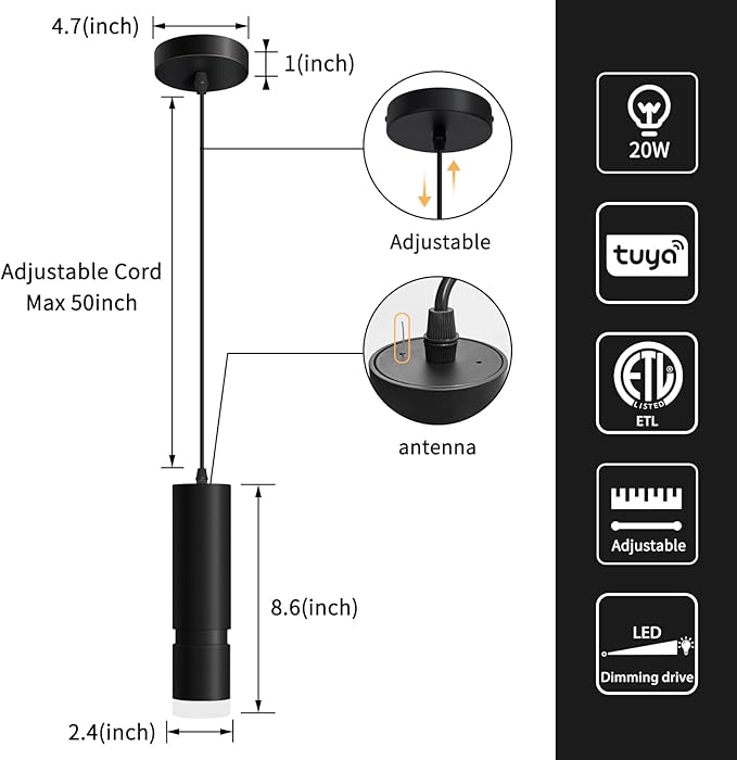 OKELI Pendant Light Smart, Modern Black Pendant Lights Fixture, Dimmable Unique LED Pendant Lighting for Kitchen Island,20W,2700-6000K, ETL(1Pack)