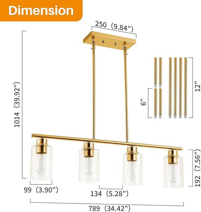 Kitchen Island Light, 4-Light Pendant Lighting, Farmhouse Industrial Dining Room Light Fixtures for Kitchen Island Dining Living Room, Brushed Gold with Clear Glass Shade