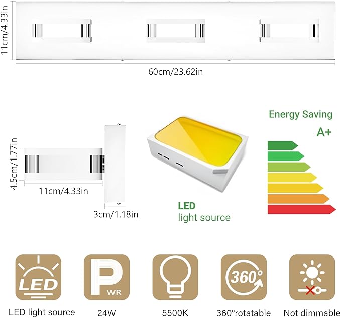 Tipace LED Modern Bathroom Vanity Light Fixtures (3-Light,23.6-Inch), Acrylic Chrome Bathroom Wall Lighting Fixtures Over Mirror (Cool White 5500K) with Rotatable Vanity Lights Heads