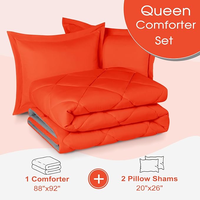 Basic Beyond Queen Comforter Set - Orange Comforter Set Queen, Reversible Bed Comforter Queen Set for All Seasons, Flame/Charcoal Gray, 1 Comforter (88"x92") and 2 Pillow Shams (20"x26"+2")