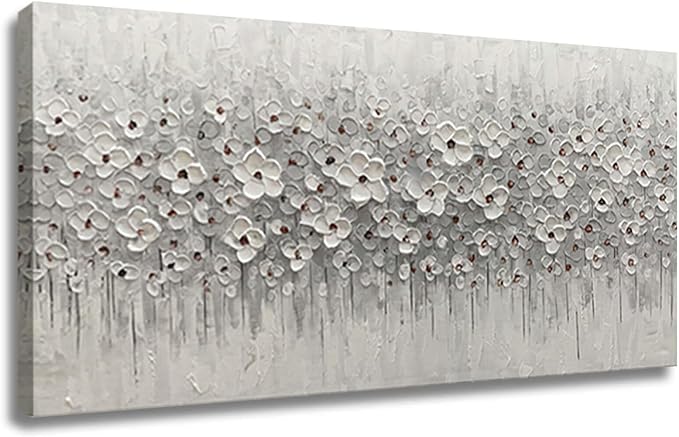 Large Canvas Wall Art for Living Room White Flowers Picture Hand-Painted Oil Painting Framed Artwork Modern Gallery Plant Decor Wall Decorations for Bedroom Bathroom Size 60x30 inch Ready to Hang