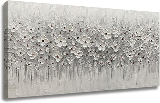 Large Canvas Wall Art for Living Room White Flowers Picture Hand-Painted Oil Painting Framed Artwork Modern Gallery Plant Decor Wall Decorations for Bedroom Bathroom Size 60x30 inch Ready to Hang