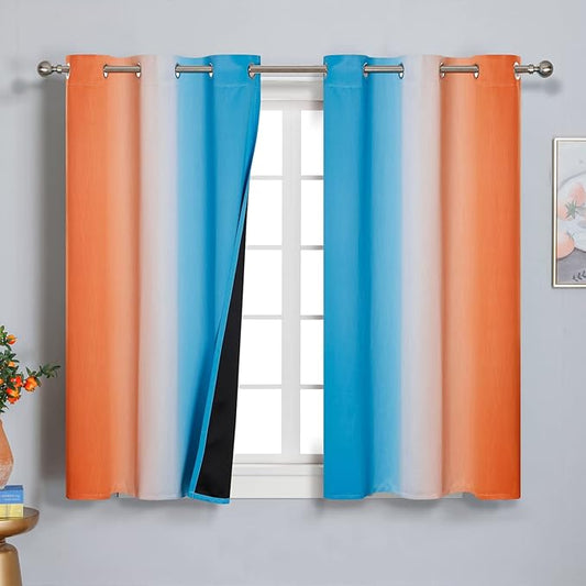 Ombre Orange and Blue Blackout Curtains 45 Inch Length 2 panels, Full Room Darkening Curtains for Bedroom, Thermal Insulated Gradient Drapes, Full Light Blocking Curtains with Grommet, 42x45 Inch