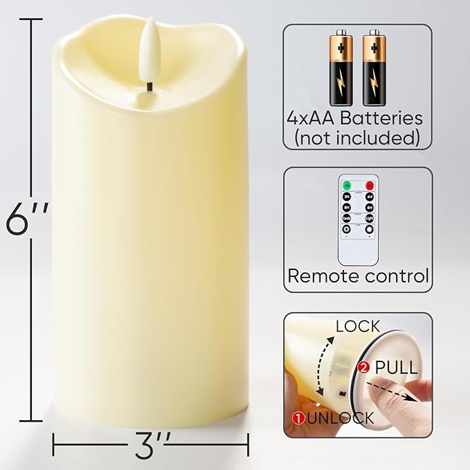 Homemory 6”x3” Outdoor Waterproof Flameless Candles, LED Candles, Battery Operated Candles with Remote and Timers, Electric Fake Plastic Pillar Candles,Dark Ivory, Set of 2