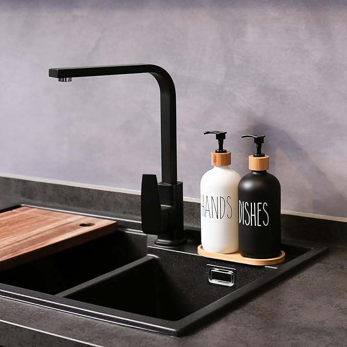 MOMEEMO Soap Dispenser Set, Contains Hand and Dish Soap Dispenser, Suitable for Kitchen Decor. (Black & White)