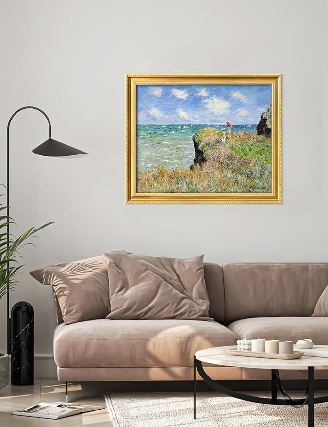 DECORARTS - Claude Monet The Cliff Walk At Pourville Giclee Print with Gold Solid Wood Frame, Impressionist Large Framed Wall Art, Ready to Hang, Framed Size 34.75x28.75, Made in USA
